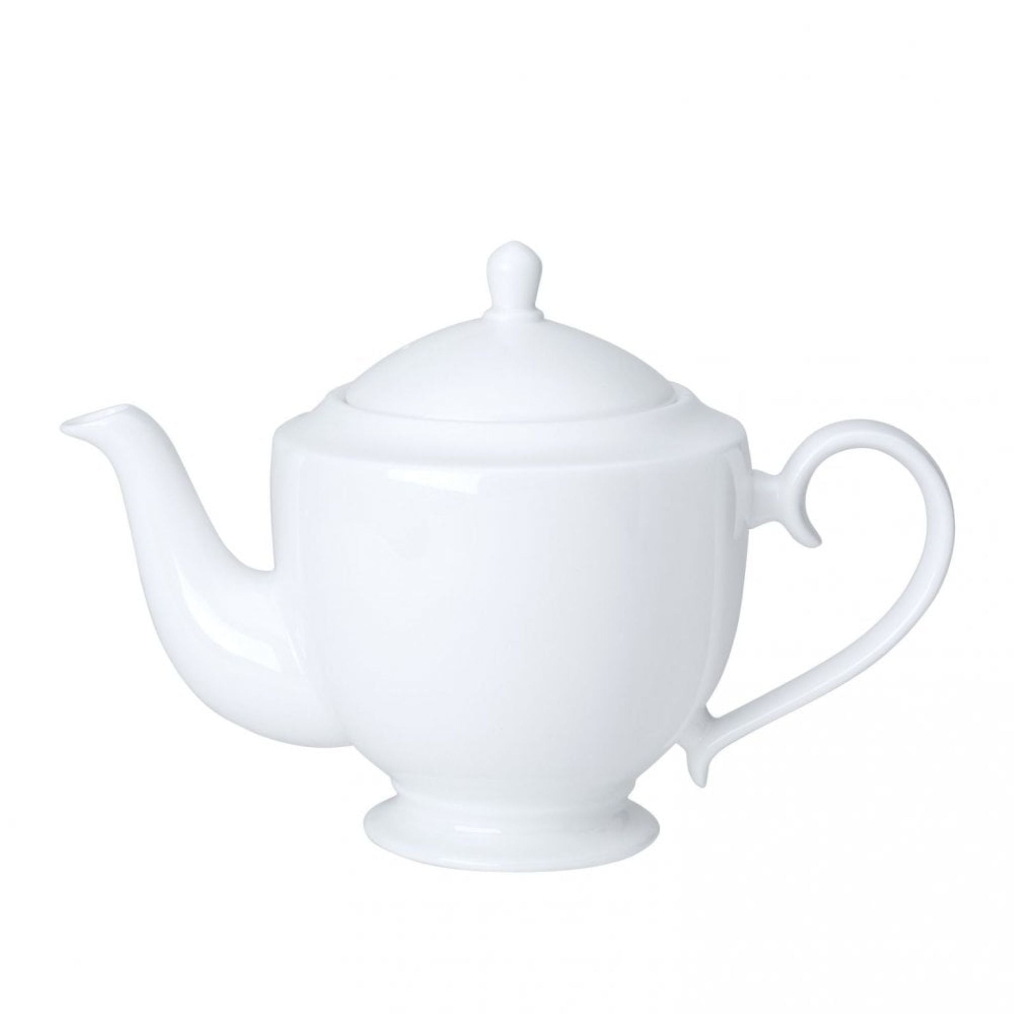 A classic white Bone China 4 cup teapot with a lid, spout, and handle.