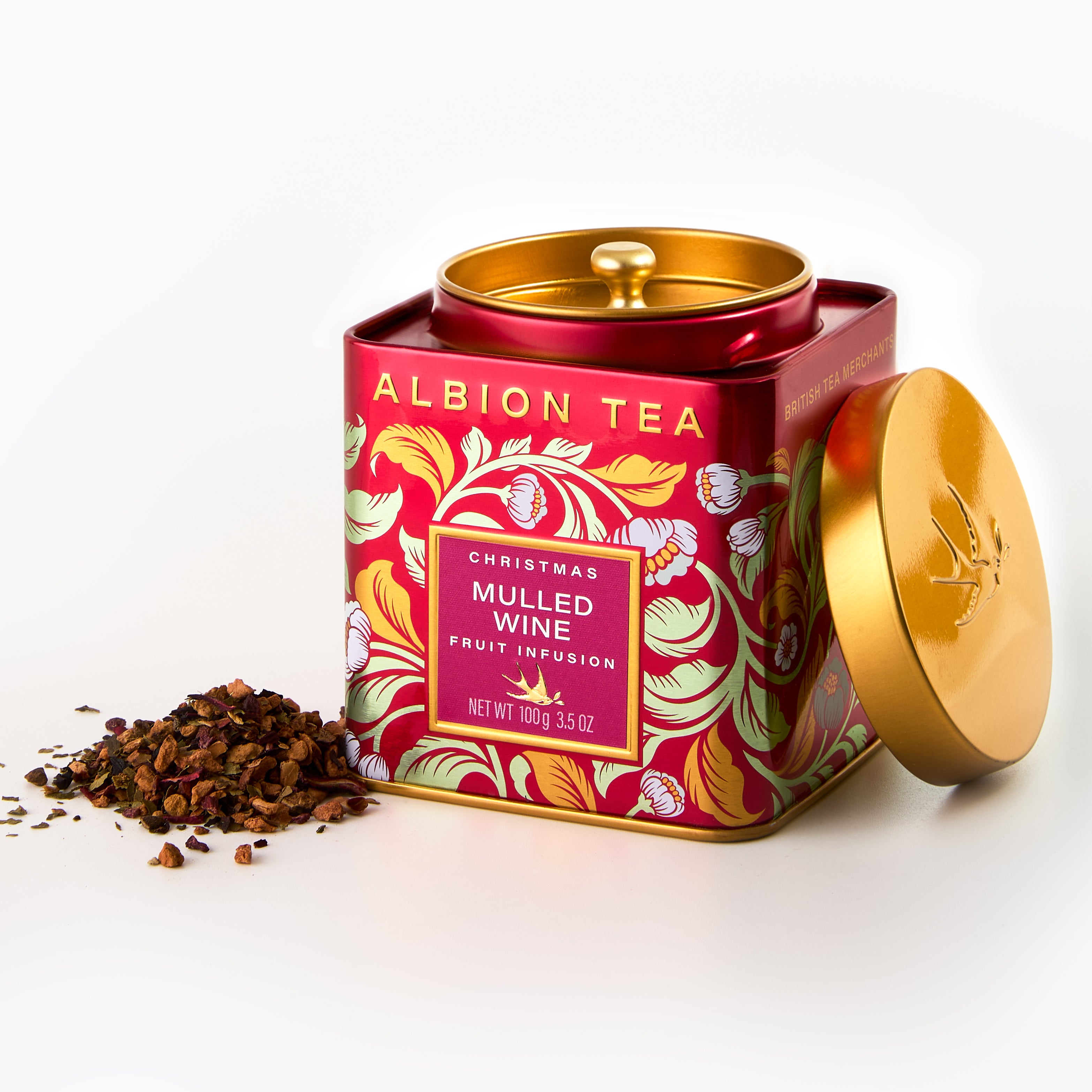 Albion Tea Christmas Mulled Wine tea caddy with loose tea leaves on a white background
